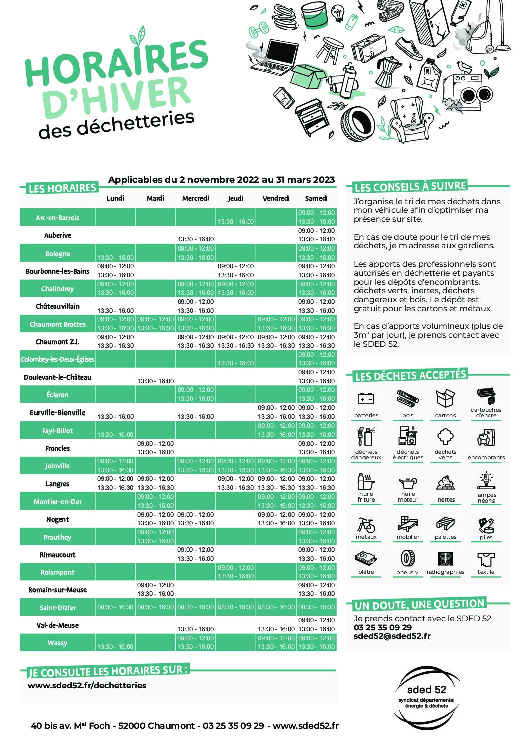 Information sur les horaires d'ouverture d'hiver 2022-2023 des déchetteries de Haute-Marne