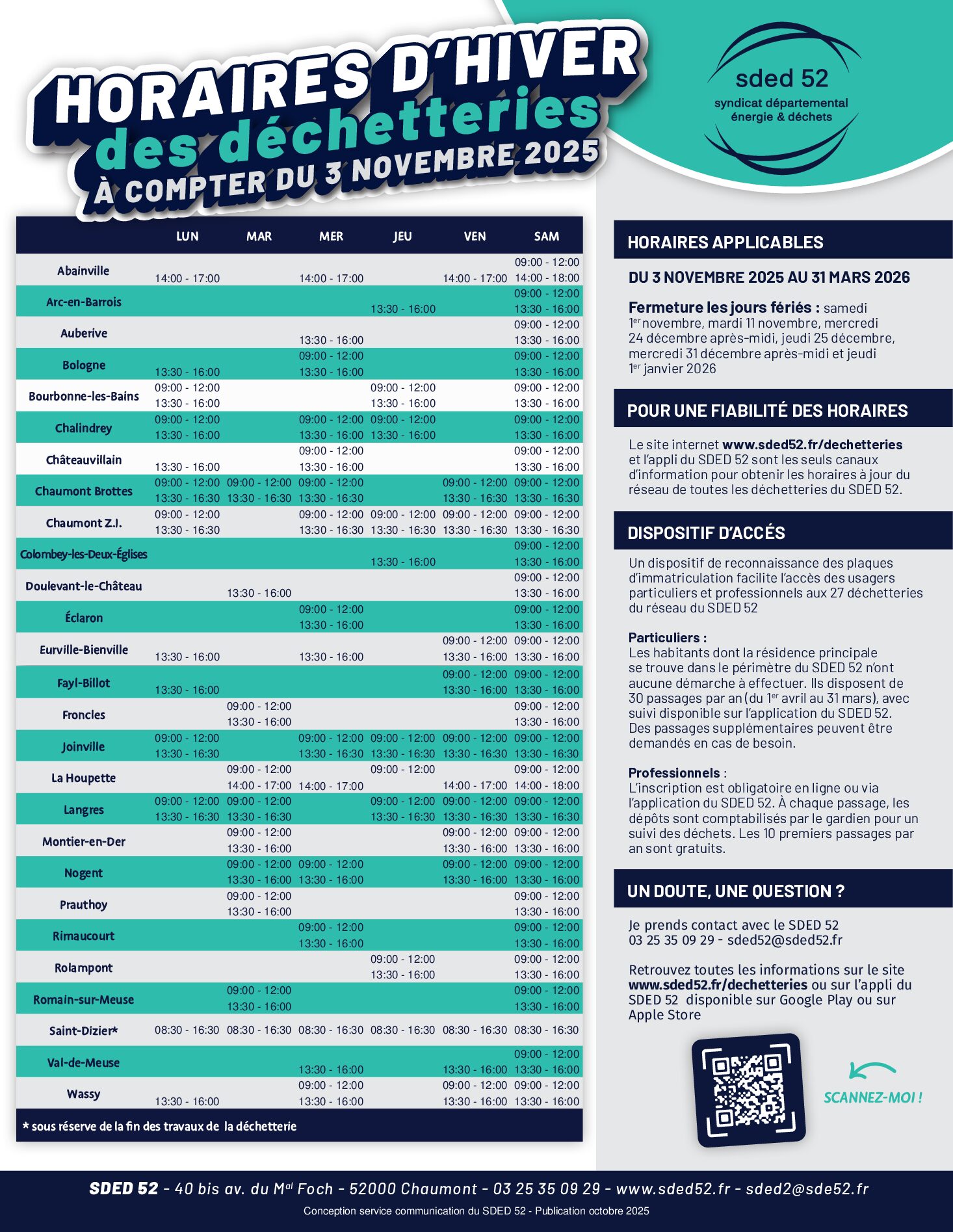 À compter du lundi 3 novembre, la déchetterie passe aux horaires d'hiver