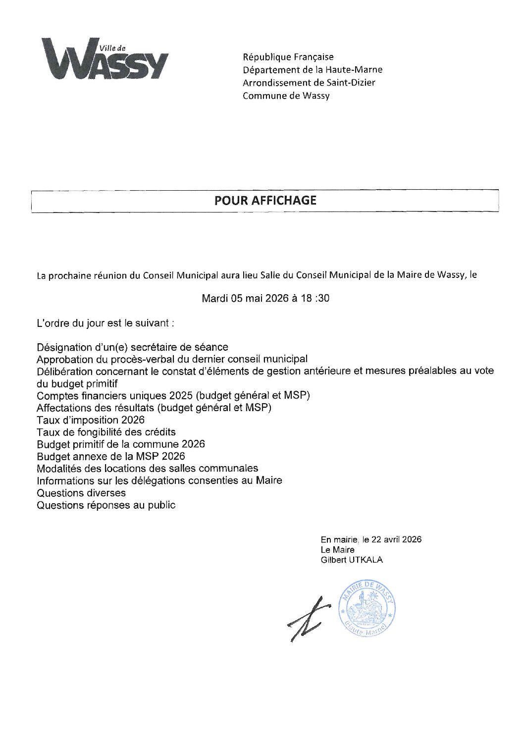 Ordre du jour du Conseil Municipal du 5 mai