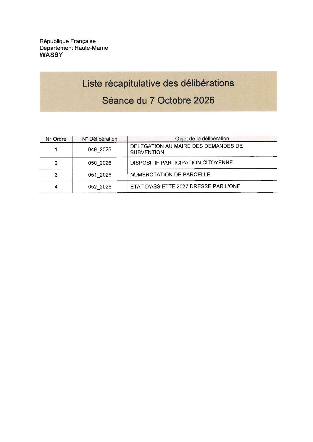 Délibérations prises au Conseil Municipal du 7 octobre 2026