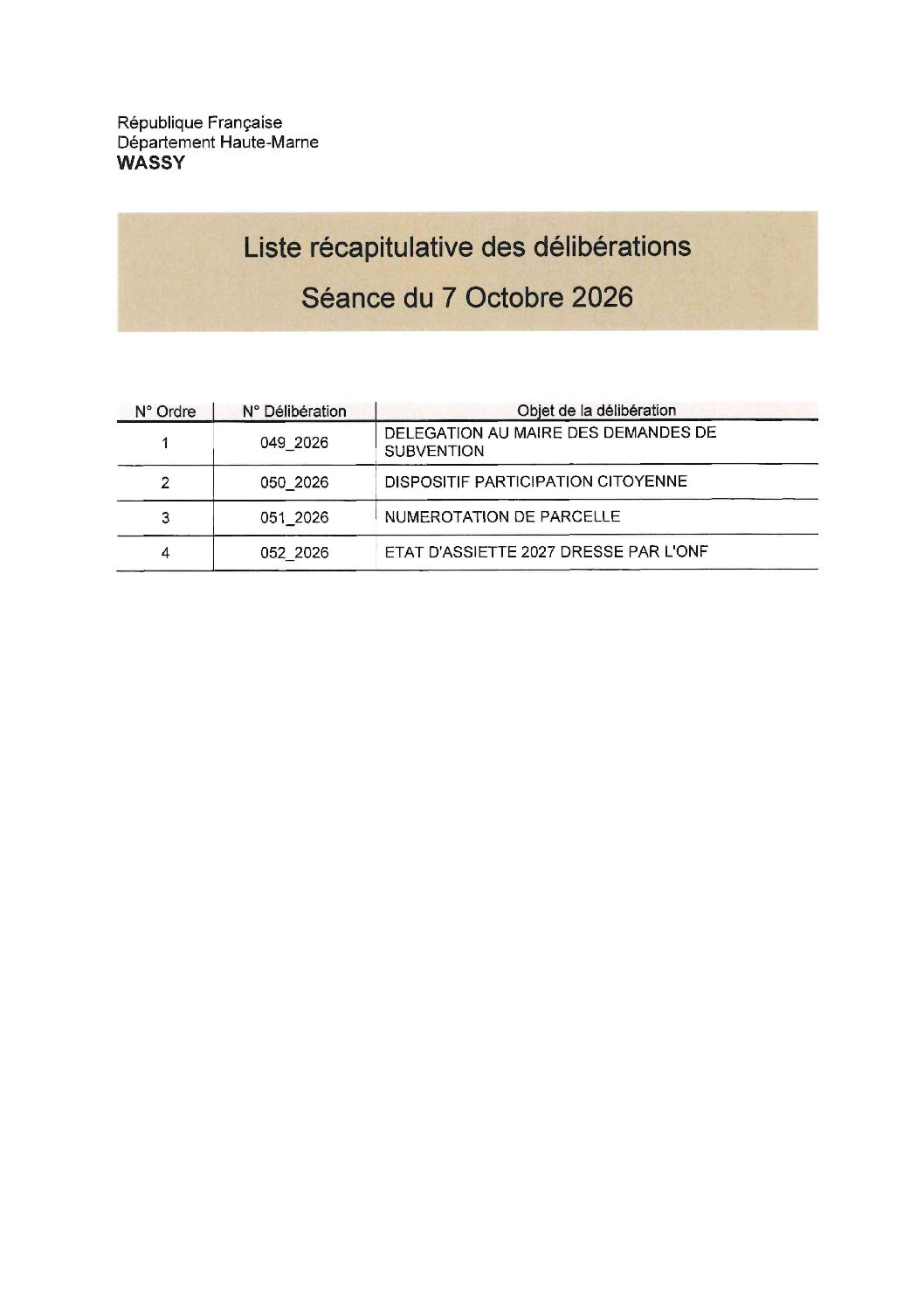 Délibérations prises au Conseil Municipal du 7 octobre 2026